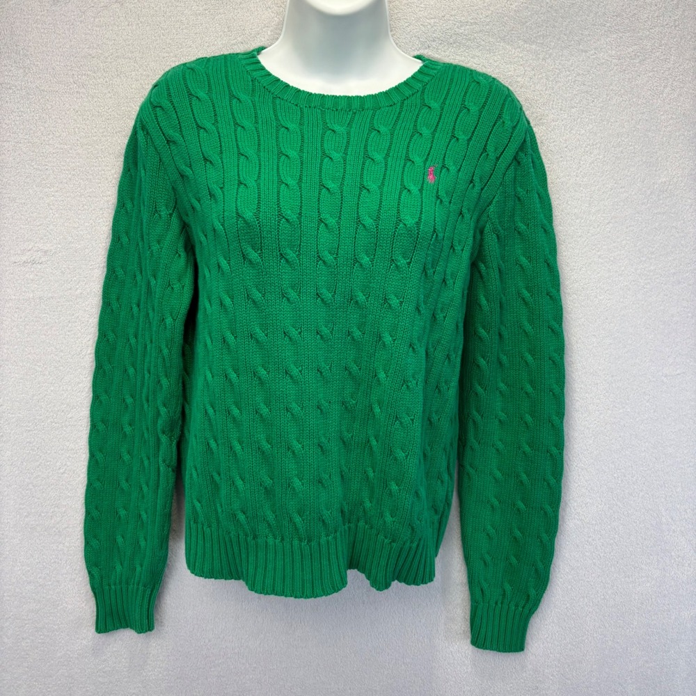 Ralph Lauren Cable Knit Sweater Womens Petite L PL Green Pink Pony Crew Preppy